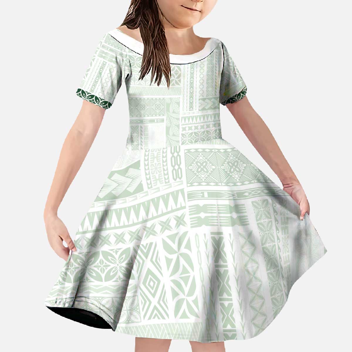 Samoa Siapo Green Trimmed Family Matching Off The Shoulder Long Sleeve Dress and Hawaiian Shirt Samoa White Sunday - Polynesian Pride