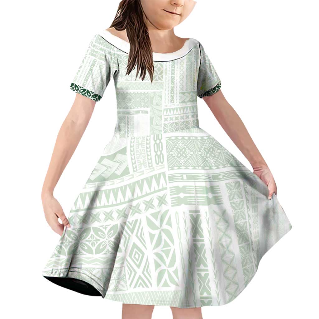 Samoa Siapo Green Trimmed Family Matching Off Shoulder Short Dress and Hawaiian Shirt Samoa White Sunday - Polynesian Pride