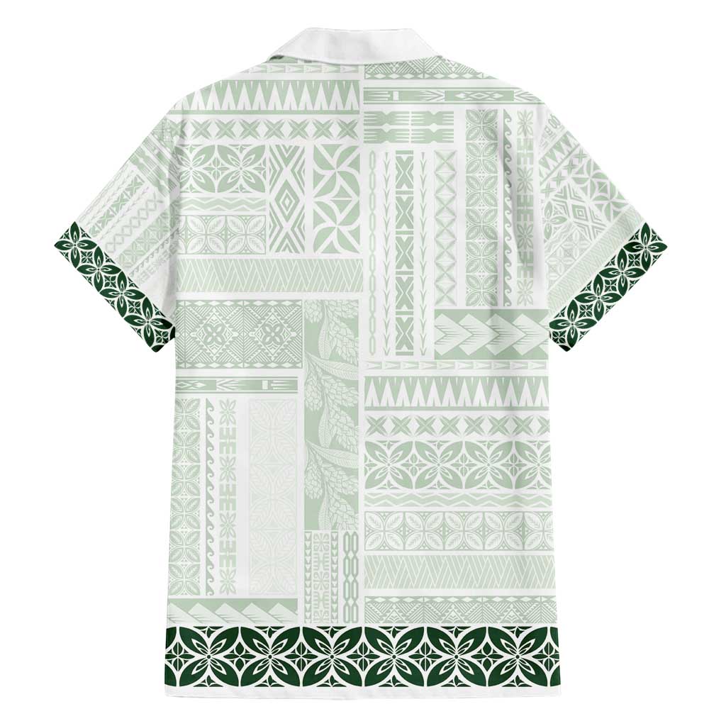 Samoa Siapo Green Trimmed Family Matching Off Shoulder Short Dress and Hawaiian Shirt Samoa White Sunday - Polynesian Pride