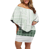 Samoa Siapo Green Trimmed Family Matching Off Shoulder Short Dress and Hawaiian Shirt Samoa White Sunday - Polynesian Pride