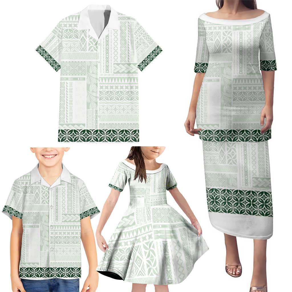 Samoa Siapo Green Trimmed Family Matching Puletasi and Hawaiian Shirt Samoa White Sunday - Polynesian Pride