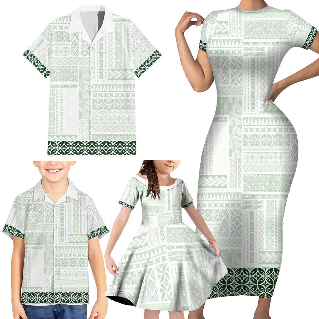 Samoa Siapo Green Trimmed Family Matching Short Sleeve Bodycon Dress and Hawaiian Shirt Samoa White Sunday - Polynesian Pride