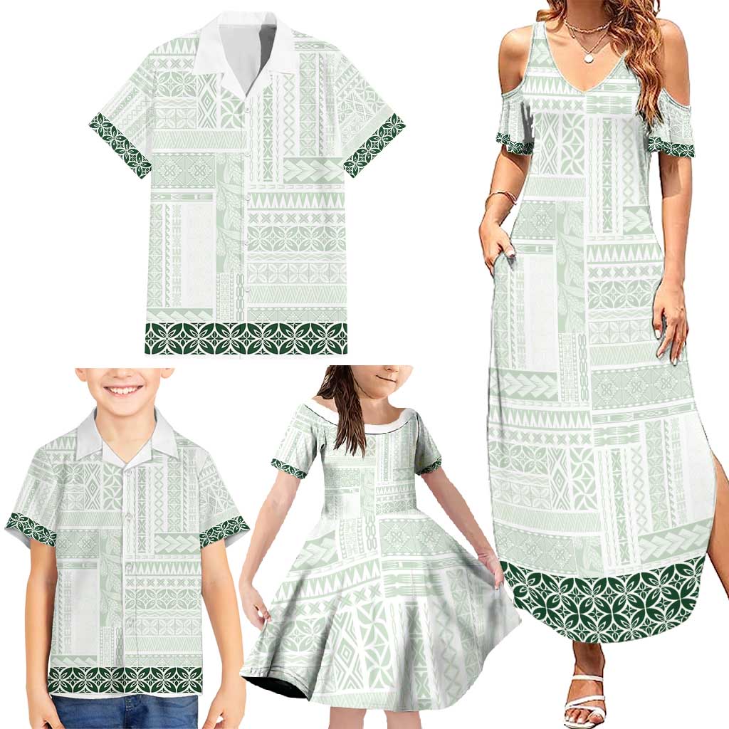 Samoa Siapo Green Trimmed Family Matching Summer Maxi Dress and Hawaiian Shirt Samoa White Sunday - Polynesian Pride
