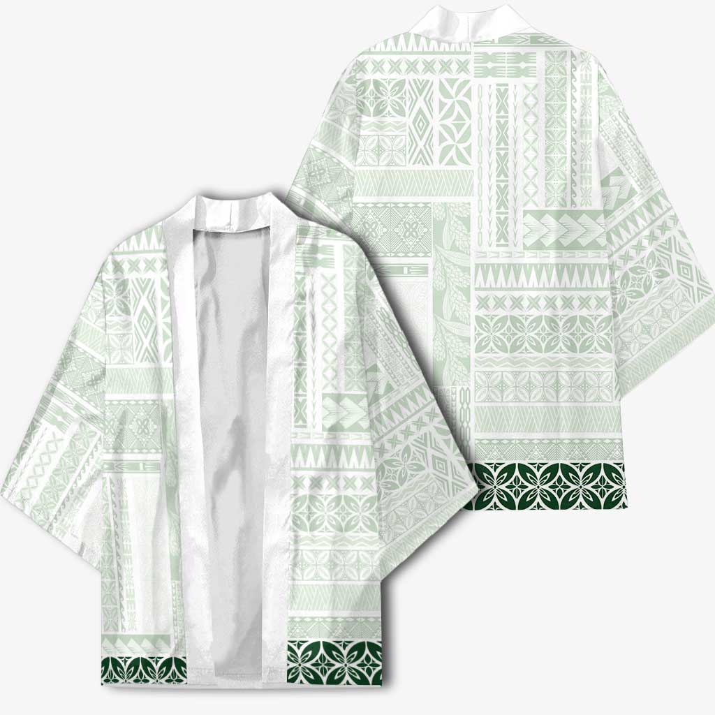 Samoa Siapo Green Trimmed Kimono Samoa White Sunday - Polynesian Pride