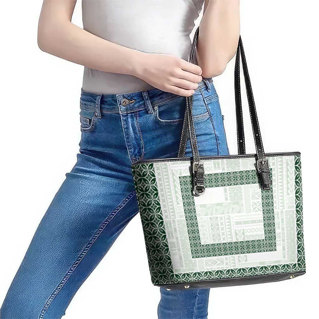 Samoa Siapo Green Trimmed Leather Tote Bag Samoa White Sunday - Polynesian Pride