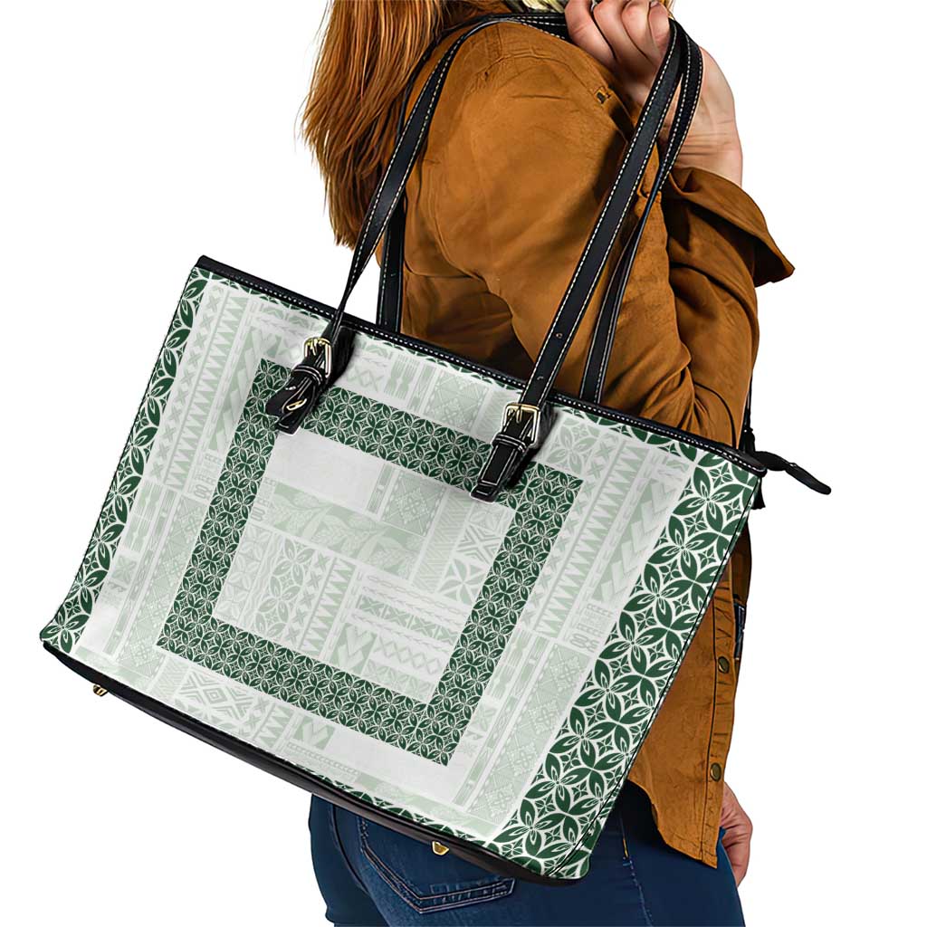 Samoa Siapo Green Trimmed Leather Tote Bag Samoa White Sunday - Polynesian Pride