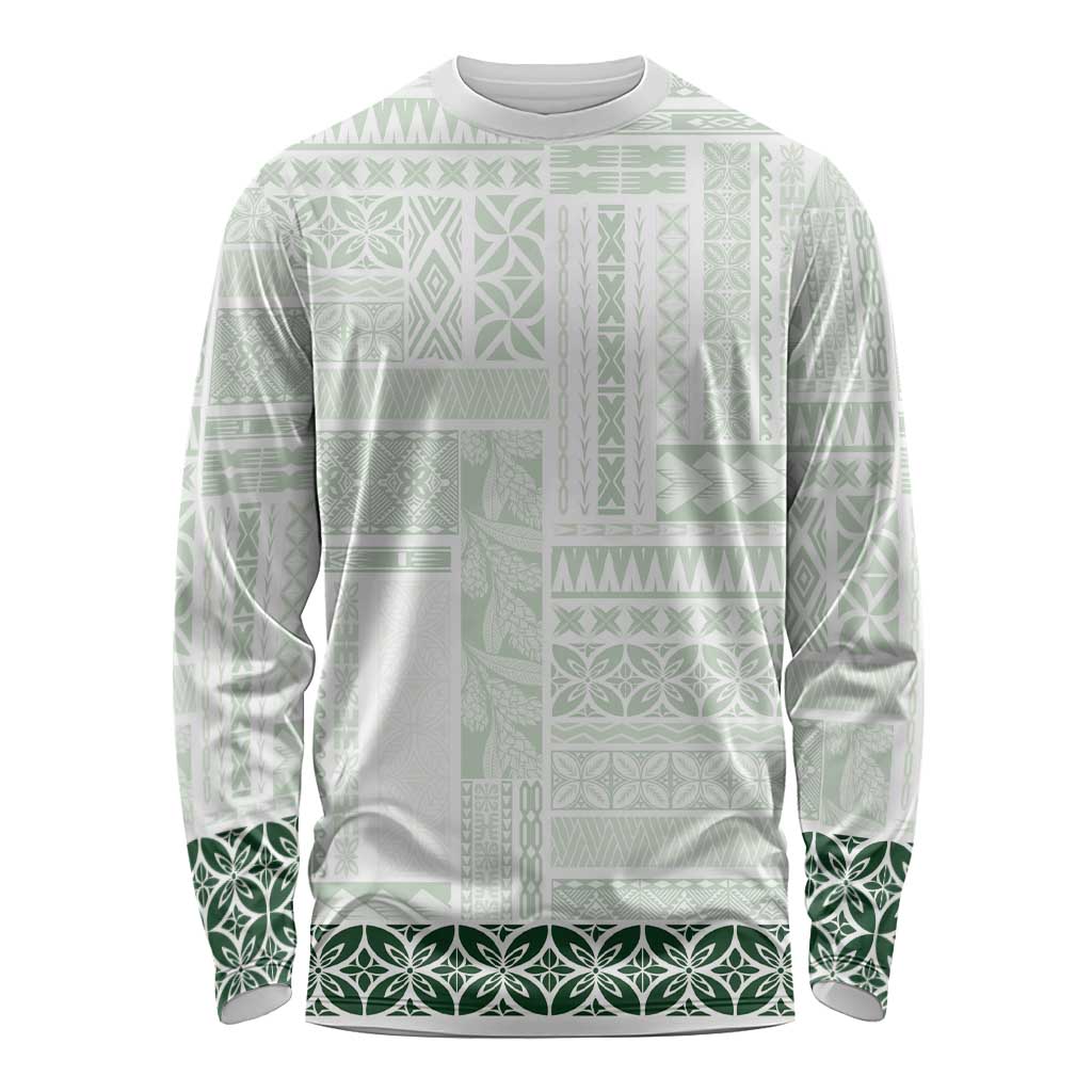 Samoa Siapo Green Trimmed Long Sleeve Shirt Samoa White Sunday - Polynesian Pride