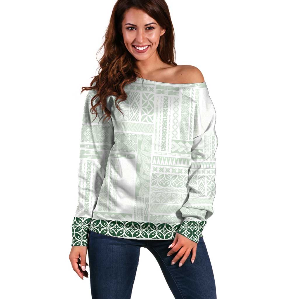 Samoa Siapo Green Trimmed Off Shoulder Sweater Samoa White Sunday - Polynesian Pride