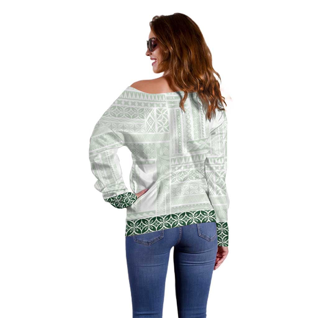 Samoa Siapo Green Trimmed Off Shoulder Sweater Samoa White Sunday - Polynesian Pride