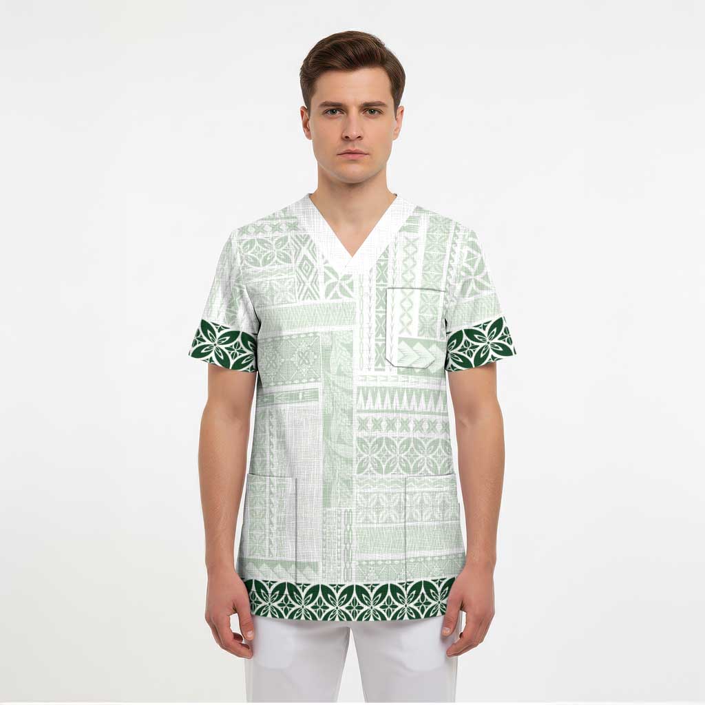 Samoa Siapo Green Trimmed Scrub Top Samoa White Sunday - Polynesian Pride