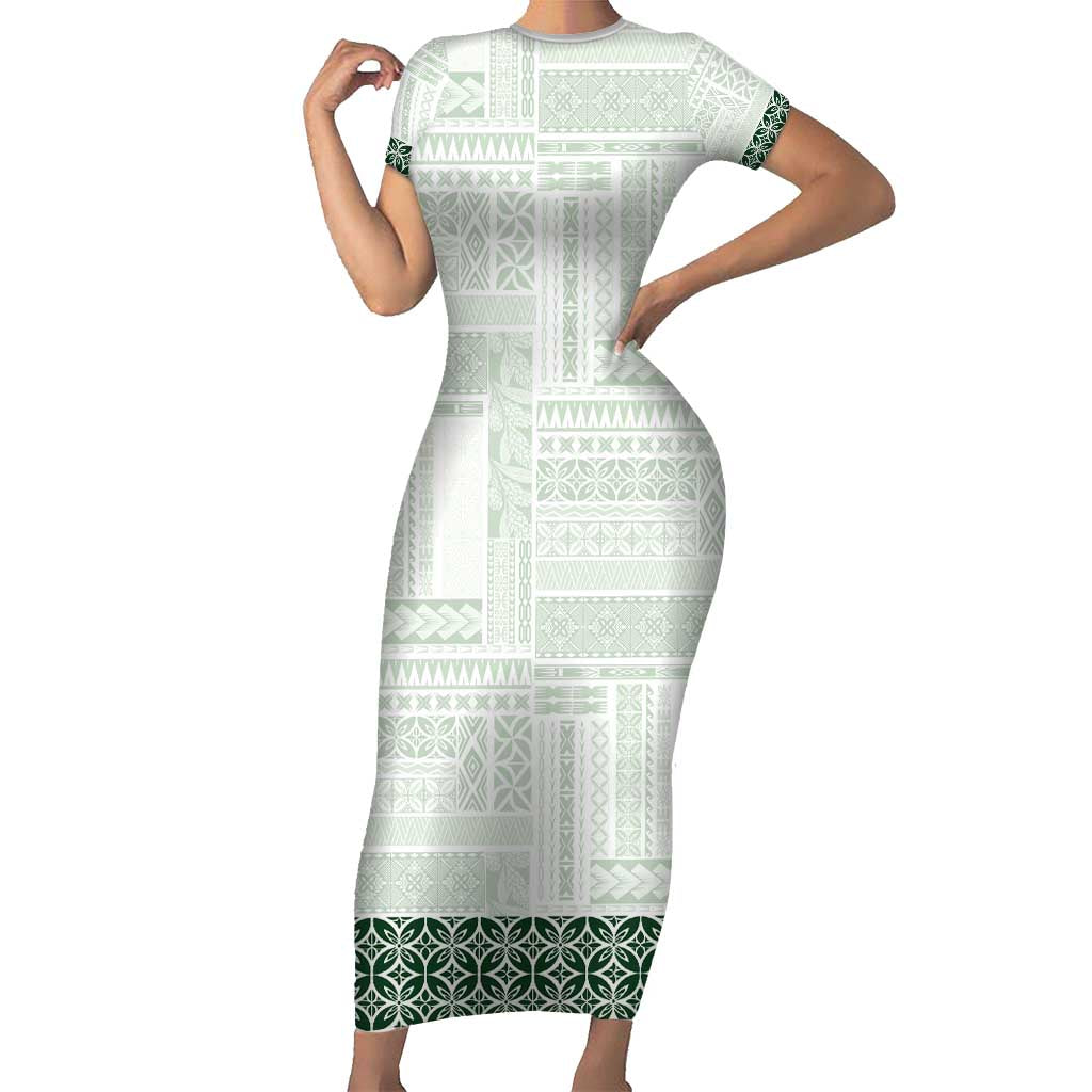 Samoa Siapo Green Trimmed Short Sleeve Bodycon Dress Samoa White Sunday - Polynesian Pride