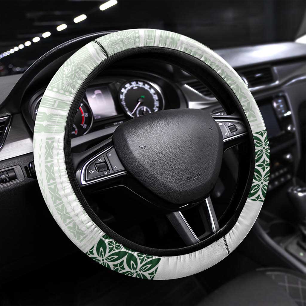 Samoa Siapo Green Trimmed Steering Wheel Cover Samoa White Sunday - Polynesian Pride