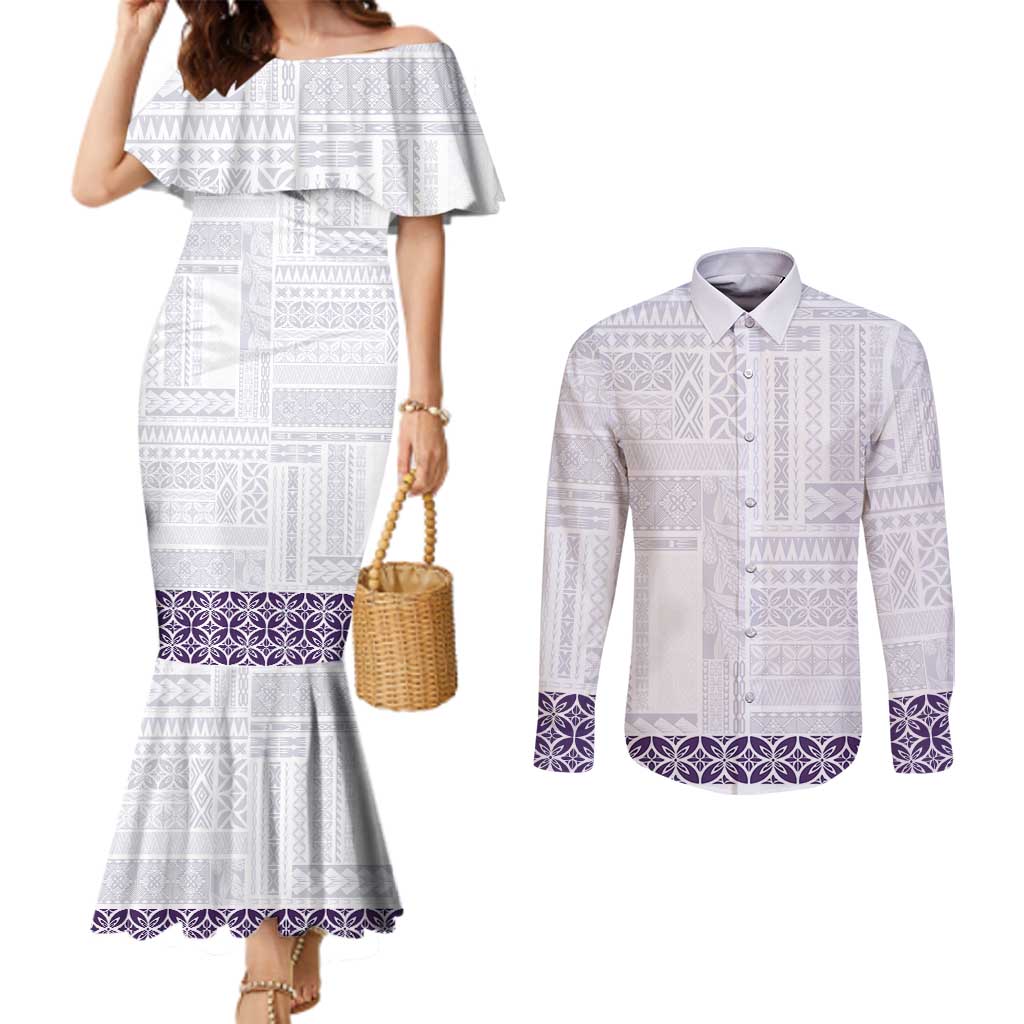 Samoa Siapo Purple Trimmed Couples Matching Mermaid Dress and Long Sleeve Button Shirt Samoa White Sunday - Polynesian Pride