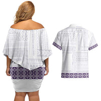 Samoa Siapo Purple Trimmed Couples Matching Off Shoulder Short Dress and Hawaiian Shirt Samoa White Sunday - Polynesian Pride