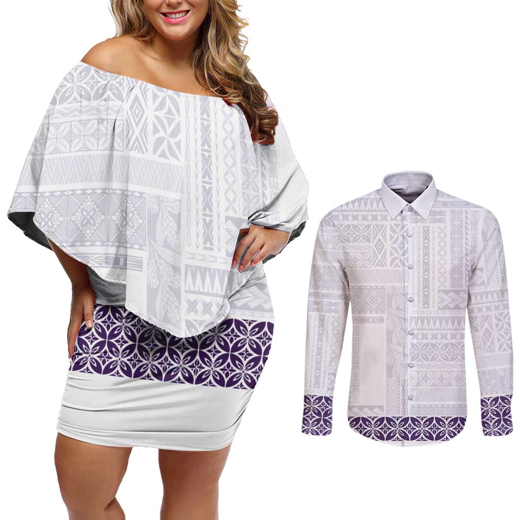 Samoa Siapo Purple Trimmed Couples Matching Off Shoulder Short Dress and Long Sleeve Button Shirt Samoa White Sunday - Polynesian Pride