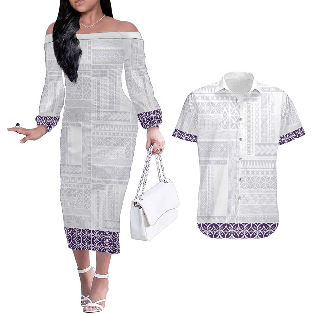 Samoa Siapo Purple Trimmed Couples Matching Off The Shoulder Long Sleeve Dress and Hawaiian Shirt Samoa White Sunday - Polynesian Pride
