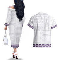 Samoa Siapo Purple Trimmed Couples Matching Off The Shoulder Long Sleeve Dress and Hawaiian Shirt Samoa White Sunday - Polynesian Pride
