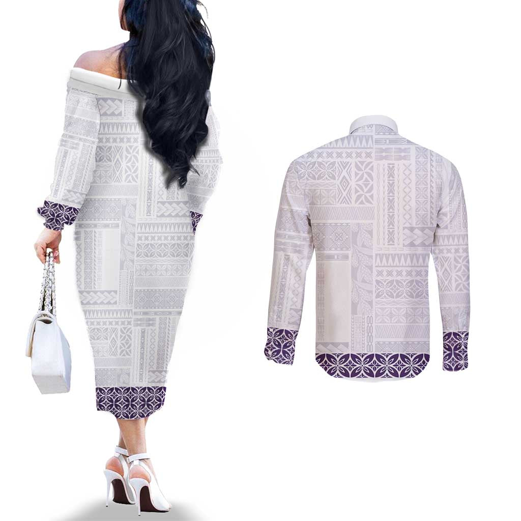 Samoa Siapo Purple Trimmed Couples Matching Off The Shoulder Long Sleeve Dress and Long Sleeve Button Shirt Samoa White Sunday - Polynesian Pride