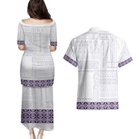 Samoa Siapo Purple Trimmed Couples Matching Puletasi and Hawaiian Shirt Samoa White Sunday - Polynesian Pride