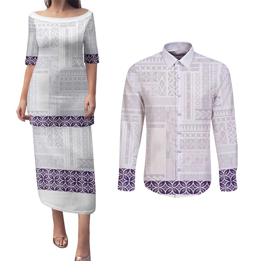 Samoa Siapo Purple Trimmed Couples Matching Puletasi and Long Sleeve Button Shirt Samoa White Sunday - Polynesian Pride
