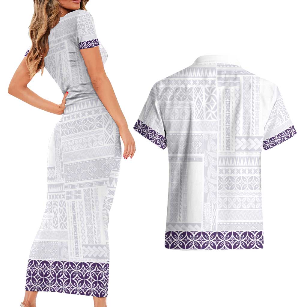 Samoa Siapo Purple Trimmed Couples Matching Short Sleeve Bodycon Dress and Hawaiian Shirt Samoa White Sunday - Polynesian Pride