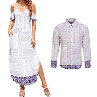 Samoa Siapo Purple Trimmed Couples Matching Summer Maxi Dress and Long Sleeve Button Shirt Samoa White Sunday - Polynesian Pride