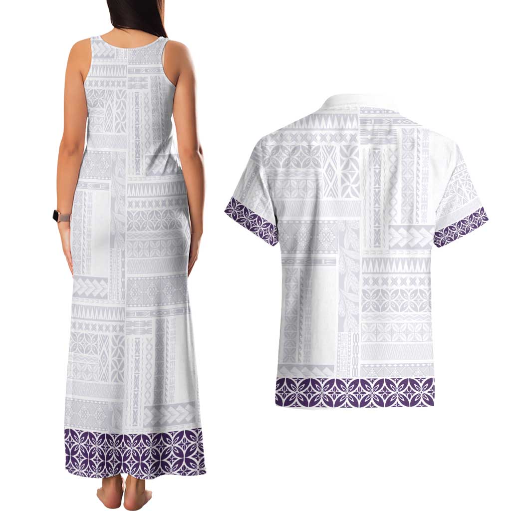 Samoa Siapo Purple Trimmed Couples Matching Tank Maxi Dress and Hawaiian Shirt Samoa White Sunday - Polynesian Pride