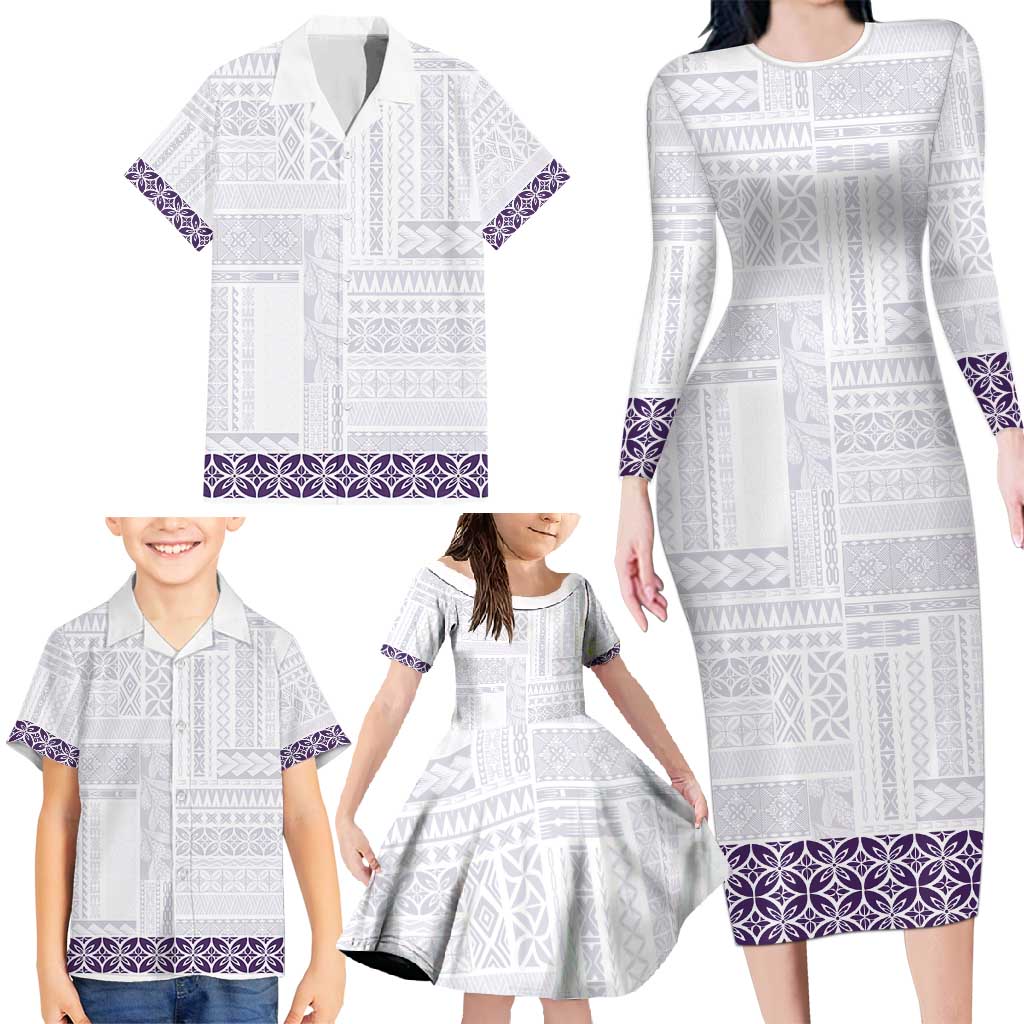 Samoa Siapo Purple Trimmed Family Matching Long Sleeve Bodycon Dress and Hawaiian Shirt Samoa White Sunday - Polynesian Pride