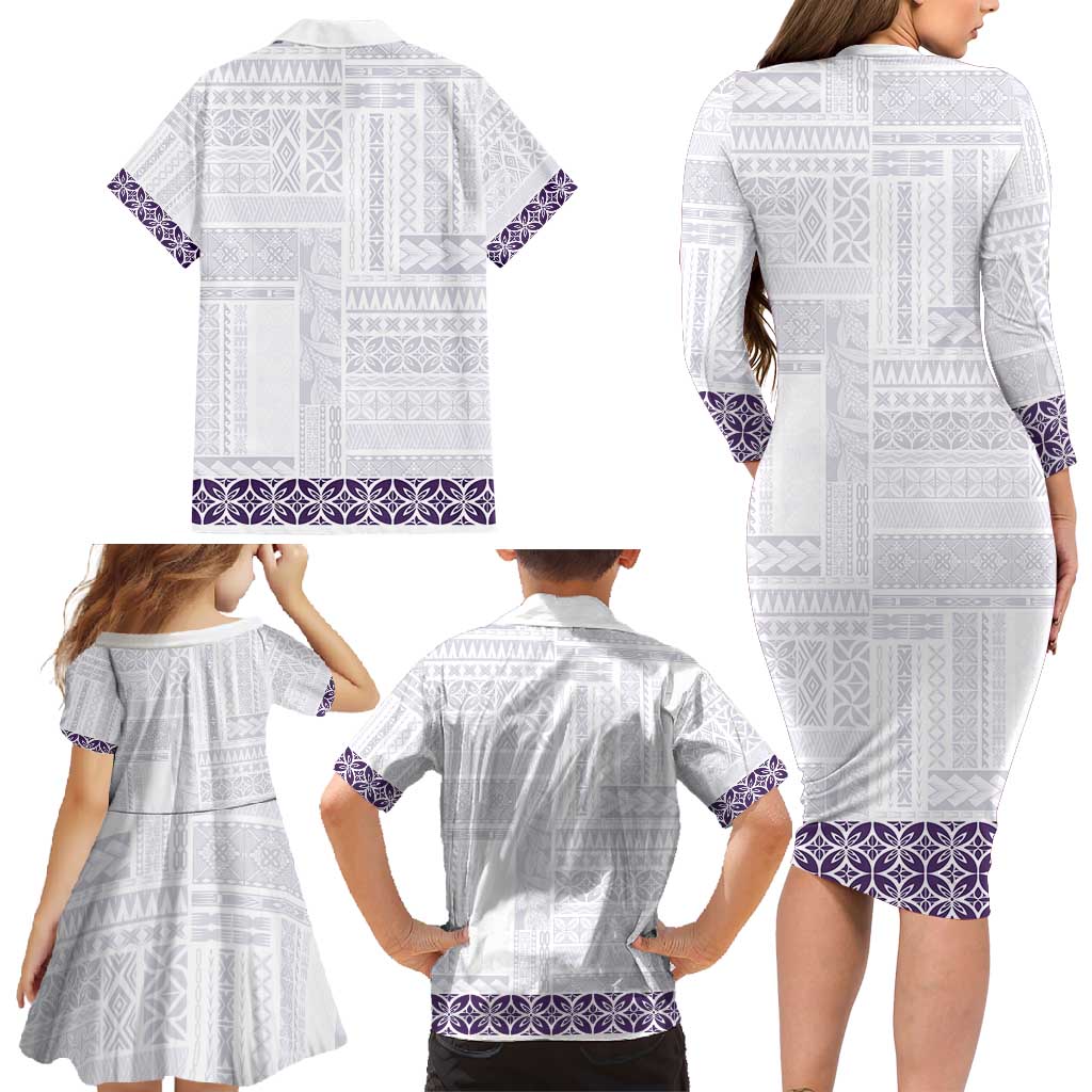 Samoa Siapo Purple Trimmed Family Matching Long Sleeve Bodycon Dress and Hawaiian Shirt Samoa White Sunday - Polynesian Pride