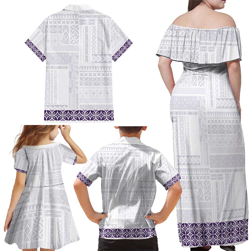 Samoa Siapo Purple Trimmed Family Matching Off Shoulder Maxi Dress and Hawaiian Shirt Samoa White Sunday - Polynesian Pride