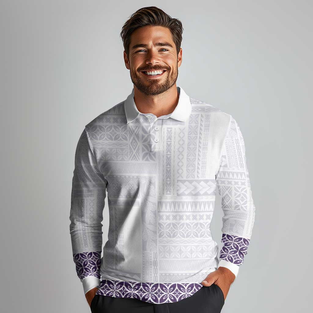 Samoa Siapo Purple Trimmed Long Sleeve Polo Shirt Samoa White Sunday - Polynesian Pride