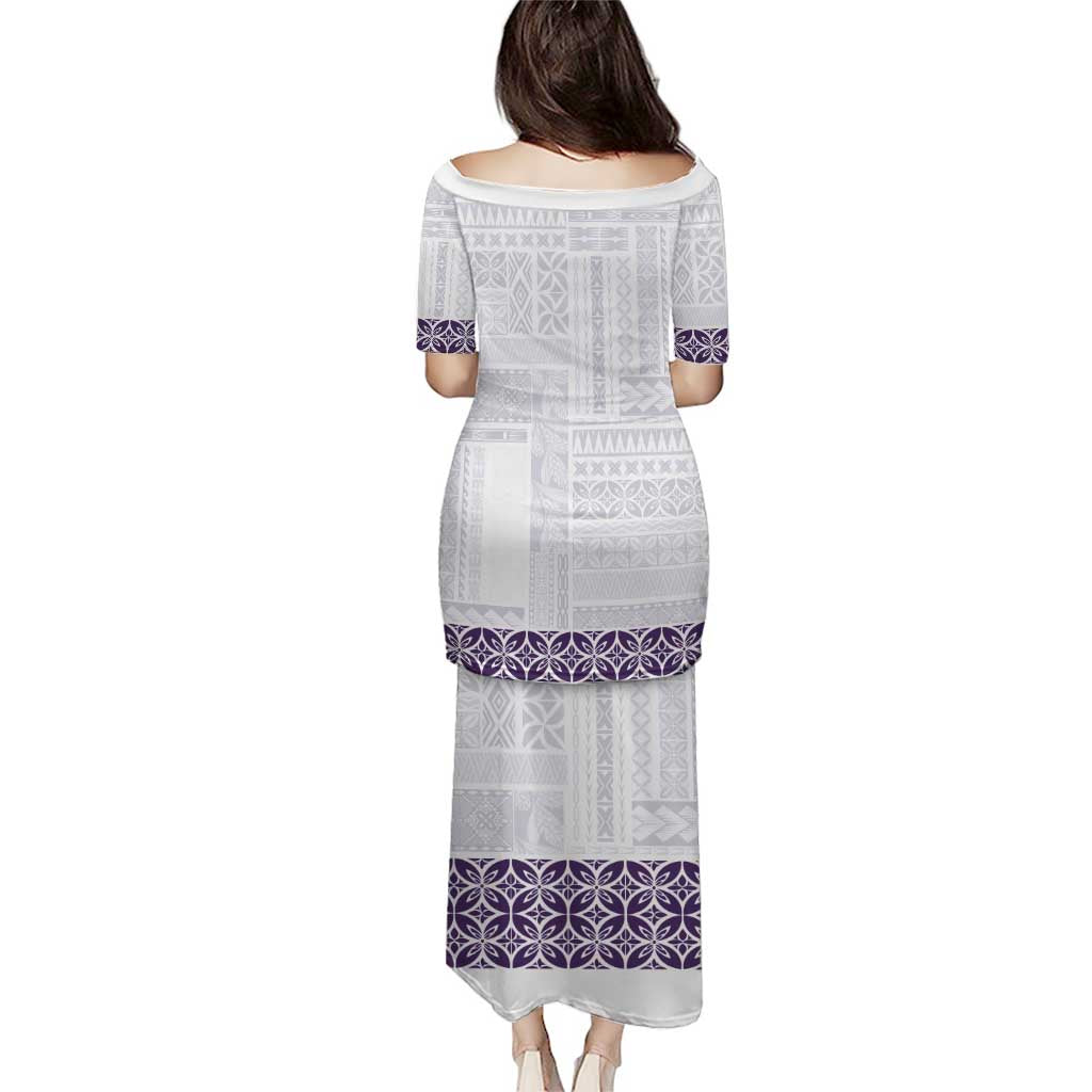 Samoa Siapo Purple Trimmed Puletasi Samoa White Sunday - Polynesian Pride