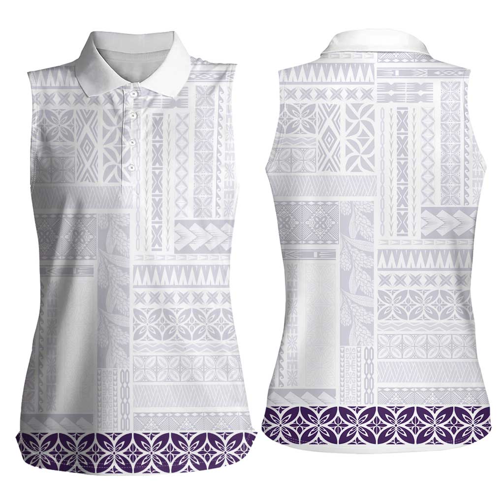 Samoa Siapo Purple Trimmed Women Sleeveless Polo Shirt Samoa White Sunday - Polynesian Pride