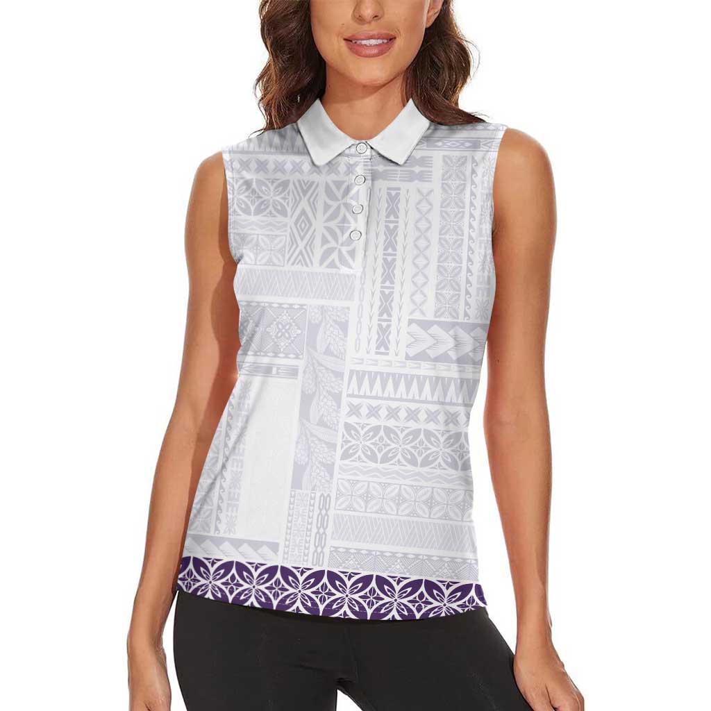 Samoa Siapo Purple Trimmed Women Sleeveless Polo Shirt Samoa White Sunday - Polynesian Pride