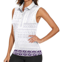 Samoa Siapo Purple Trimmed Women Sleeveless Polo Shirt Samoa White Sunday - Polynesian Pride