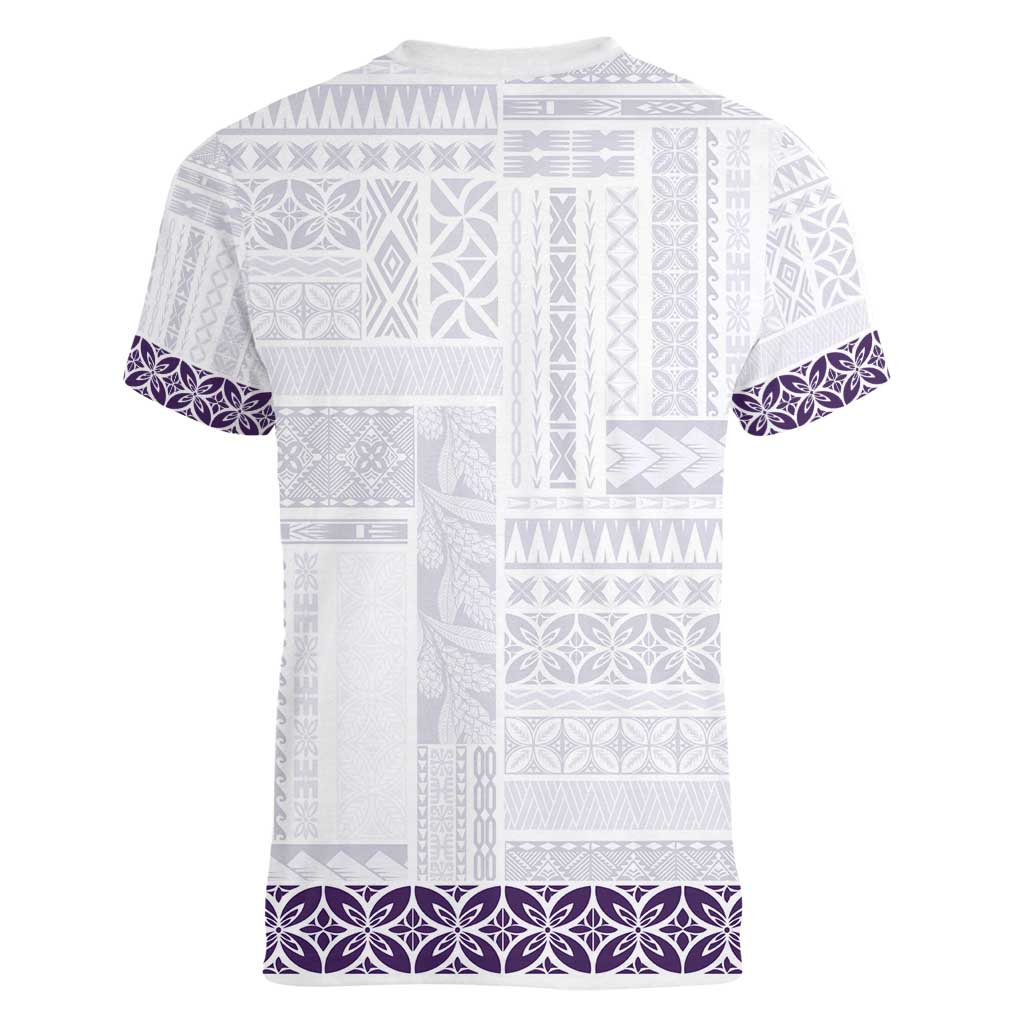 Samoa Siapo Purple Trimmed Women V-Neck T-Shirt Samoa White Sunday - Polynesian Pride