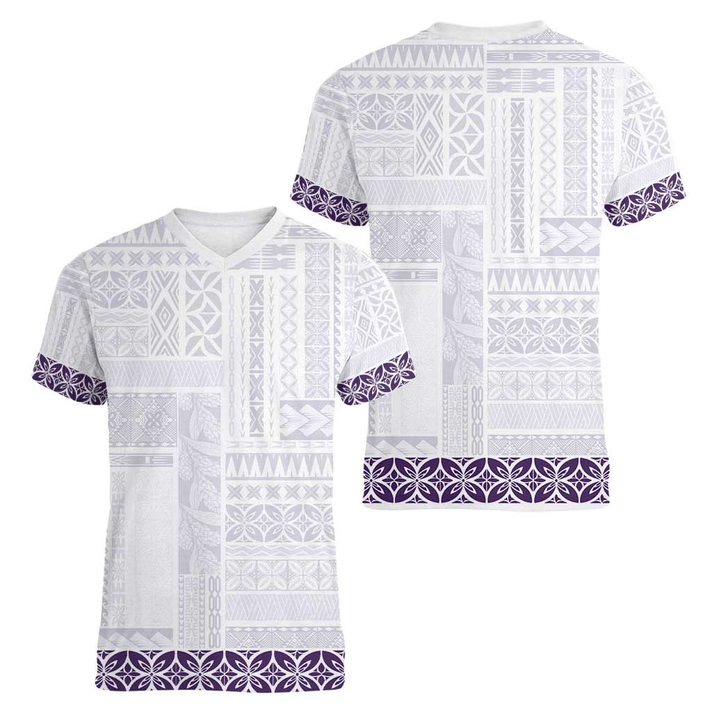 Samoa Siapo Purple Trimmed Women V-Neck T-Shirt Samoa White Sunday - Polynesian Pride