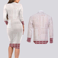Samoa Siapo Red Trimmed Couples Matching Long Sleeve Bodycon Dress and Long Sleeve Button Shirt Samoa White Sunday - Polynesian Pride