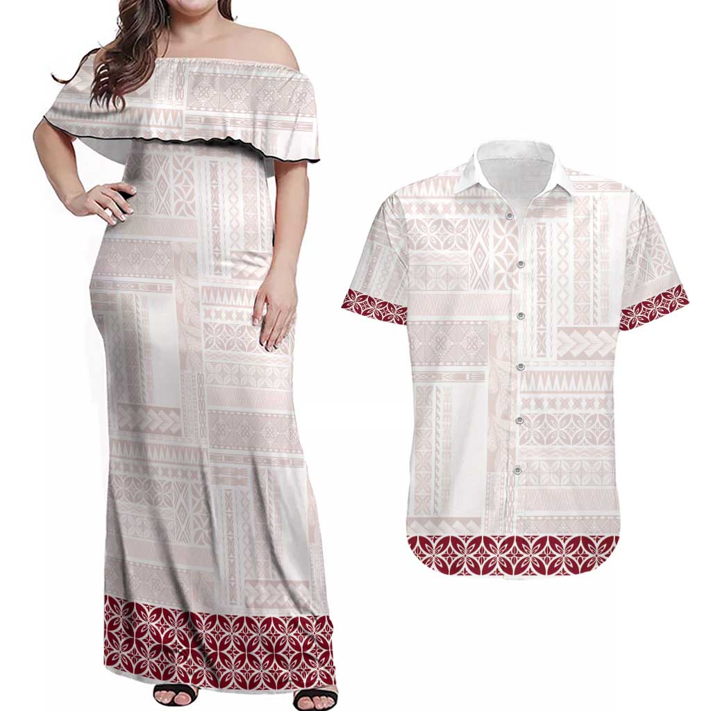 Samoa Siapo Red Trimmed Couples Matching Off Shoulder Maxi Dress and Hawaiian Shirt Samoa White Sunday - Polynesian Pride