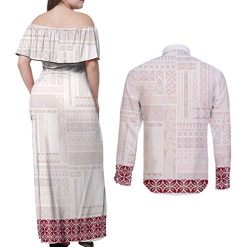 Samoa Siapo Red Trimmed Couples Matching Off Shoulder Maxi Dress and Long Sleeve Button Shirt Samoa White Sunday - Polynesian Pride