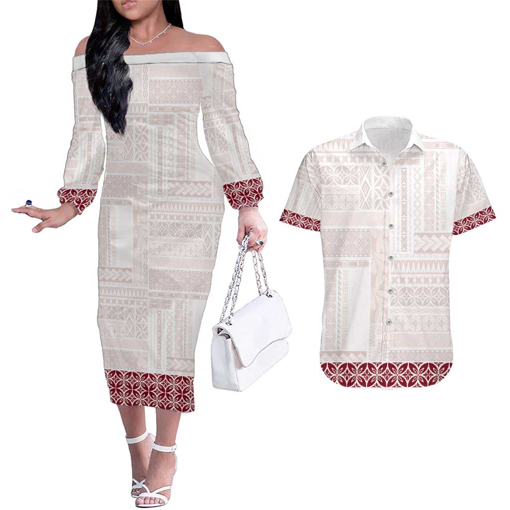 Samoa Siapo Red Trimmed Couples Matching Off The Shoulder Long Sleeve Dress and Hawaiian Shirt Samoa White Sunday - Polynesian Pride