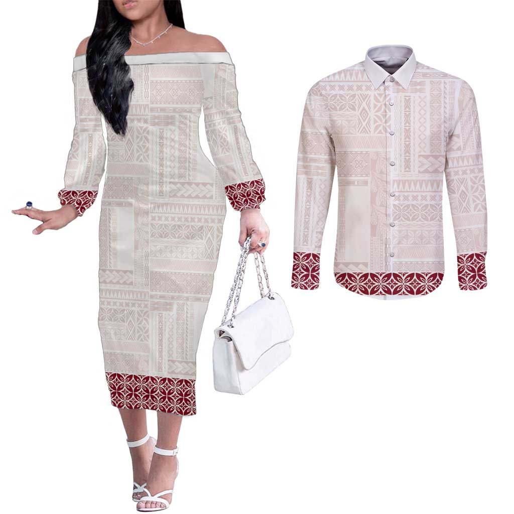 Samoa Siapo Red Trimmed Couples Matching Off The Shoulder Long Sleeve Dress and Long Sleeve Button Shirt Samoa White Sunday - Polynesian Pride