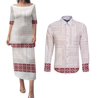 Samoa Siapo Red Trimmed Couples Matching Puletasi and Long Sleeve Button Shirt Samoa White Sunday - Polynesian Pride