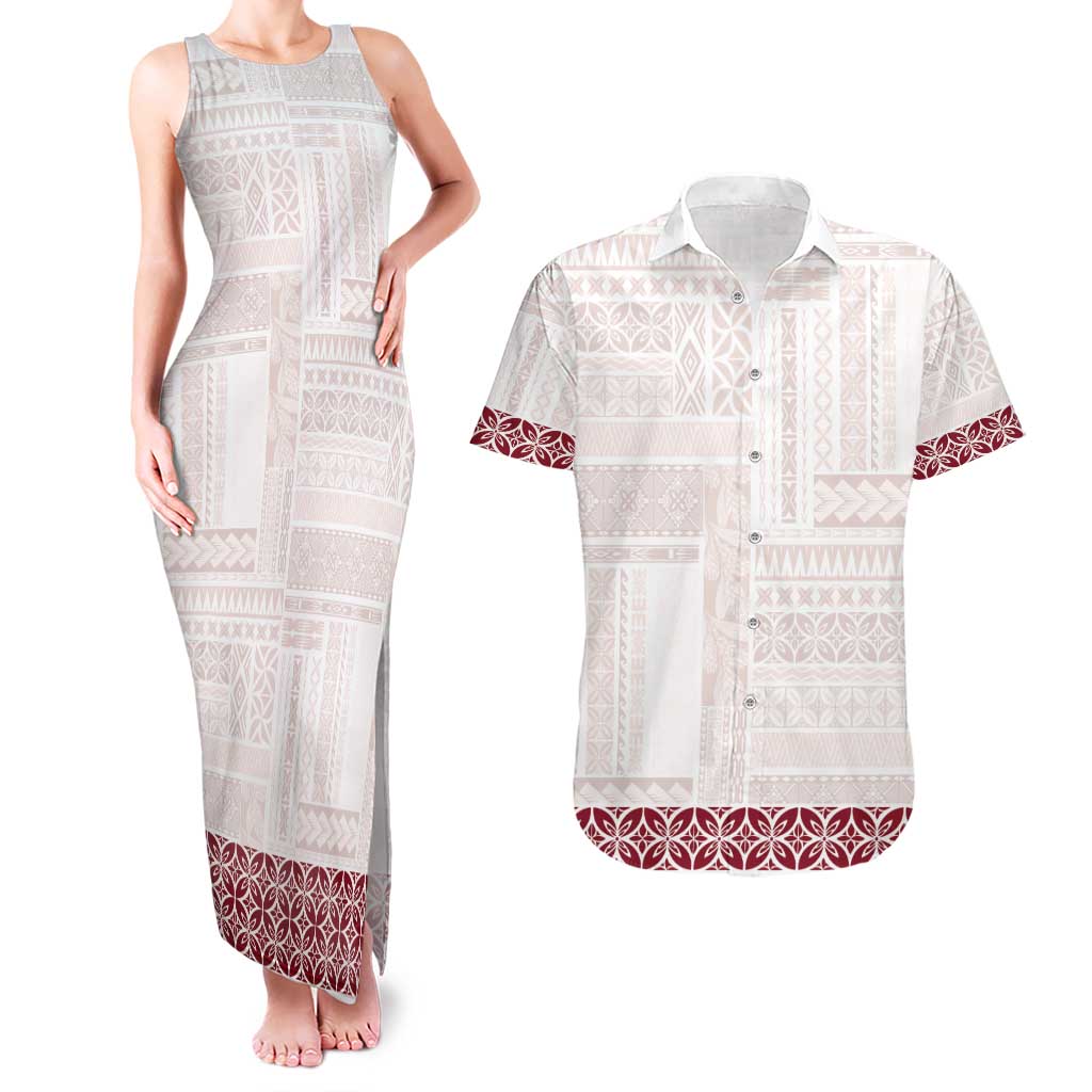 Samoa Siapo Red Trimmed Couples Matching Tank Maxi Dress and Hawaiian Shirt Samoa White Sunday - Polynesian Pride