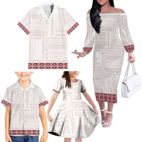 Samoa Siapo Red Trimmed Family Matching Off The Shoulder Long Sleeve Dress and Hawaiian Shirt Samoa White Sunday - Polynesian Pride