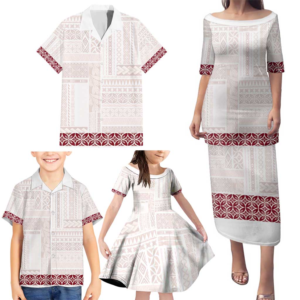 Samoa Siapo Red Trimmed Family Matching Puletasi and Hawaiian Shirt Samoa White Sunday - Polynesian Pride