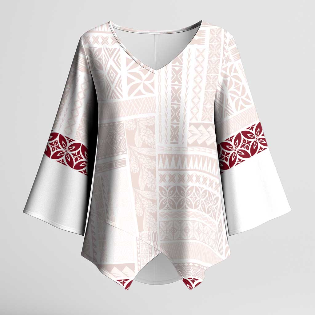 Samoa Siapo Red Trimmed Kimono Sleeve Blouse Samoa White Sunday - Polynesian Pride