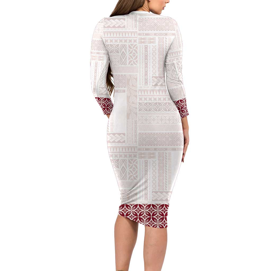 Samoa Siapo Red Trimmed Long Sleeve Bodycon Dress Samoa White Sunday - Polynesian Pride
