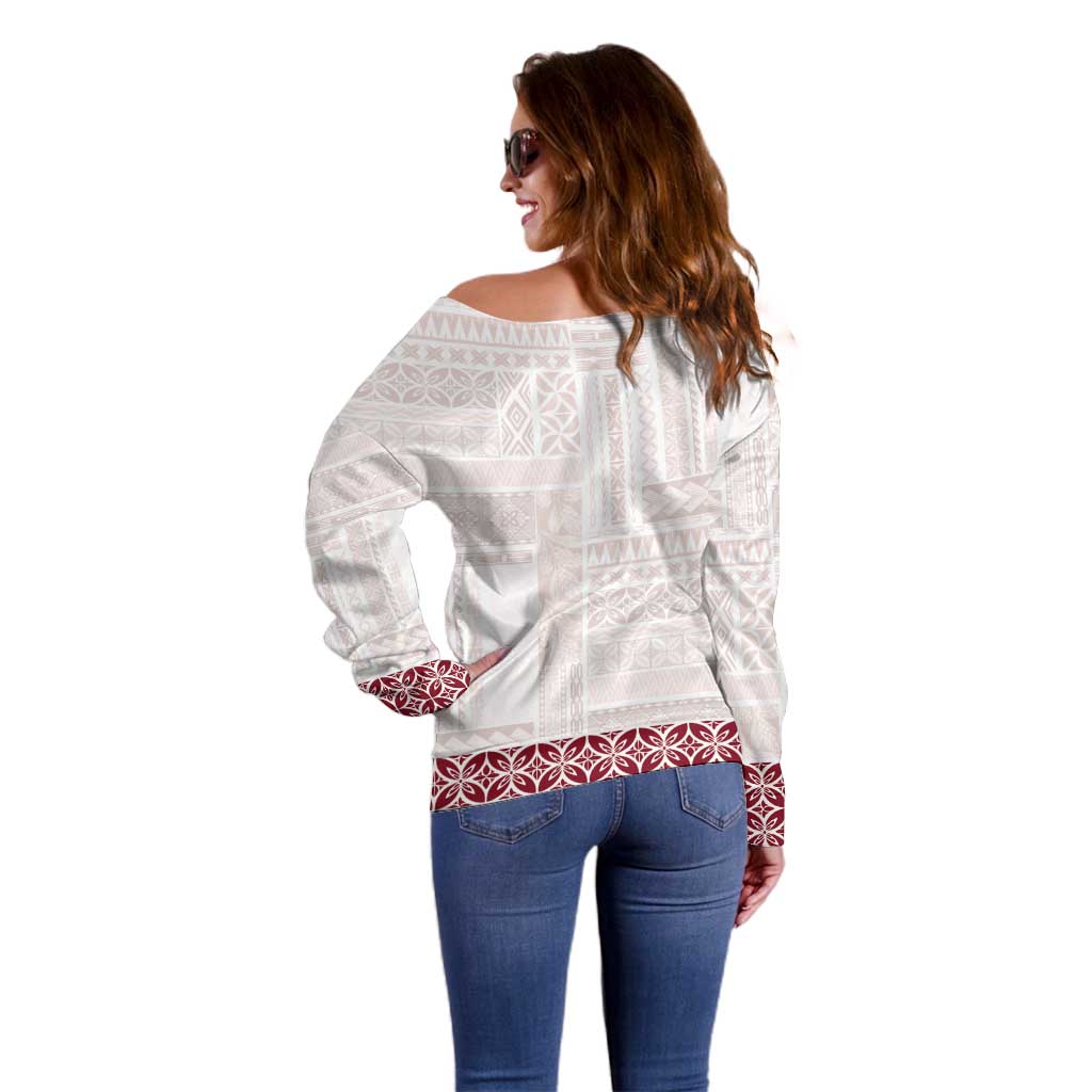 Samoa Siapo Red Trimmed Off Shoulder Sweater Samoa White Sunday - Polynesian Pride