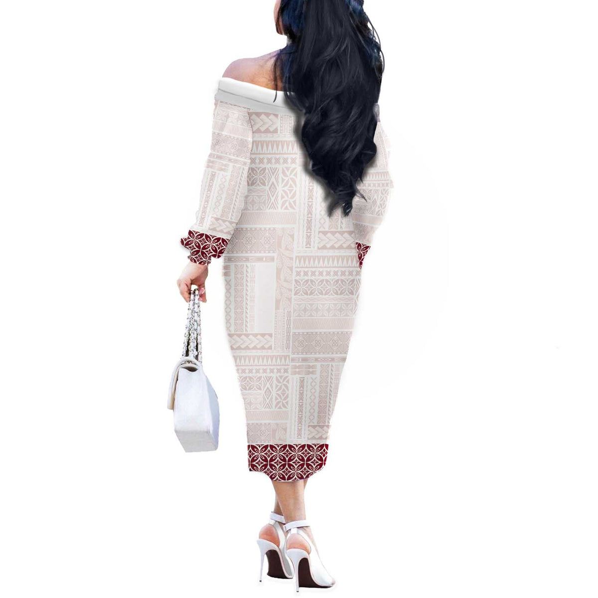 Samoa Siapo Red Trimmed Off The Shoulder Long Sleeve Dress Samoa White Sunday - Polynesian Pride